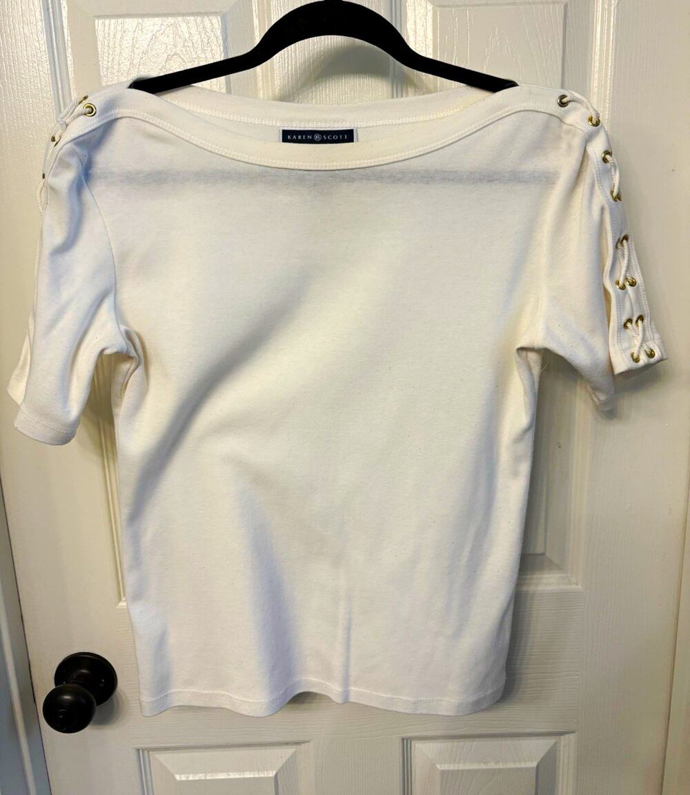 Karen Scott Petites PS White Boat Neck Short Sleeve Knit Lace-Up T-Shirt